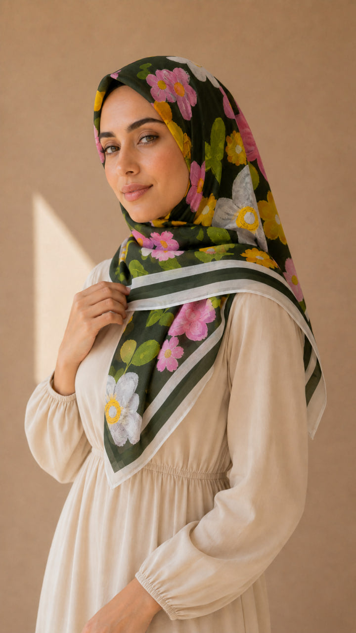 Foulard carré coton Chérie – Motif floral multicolore 110x110 Lefoulardcarré